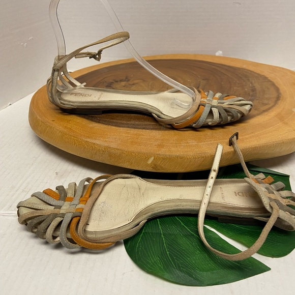 FENDI Leather Multi Color Neutral Multi Strap Ankle Strap Sandals - Picture 3 of 9